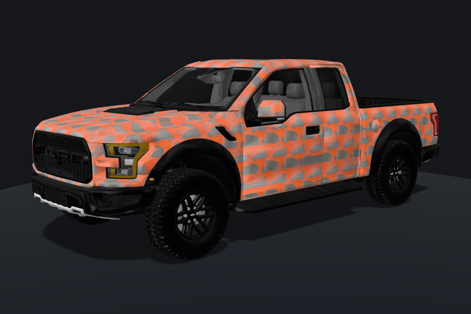 Ford F-150 wrapped in orange camo, rendered in our 3D builder